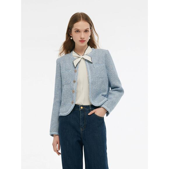 Goelia Tweed Round Neck Jacket Blue White Jacquard - Picture 2 of 13